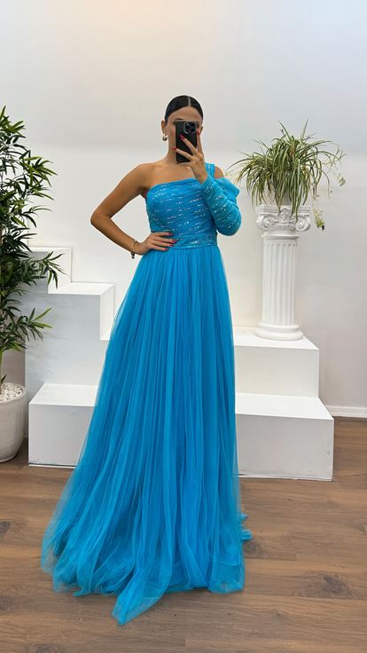 Blue Single Sleeve Embroidered Tulle Evening Dress