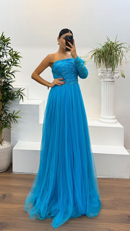 Blue Single Sleeve Embroidered Tulle Evening Dress