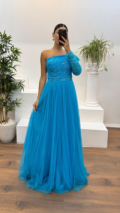 Blue Single Sleeve Embroidered Tulle Evening Dress