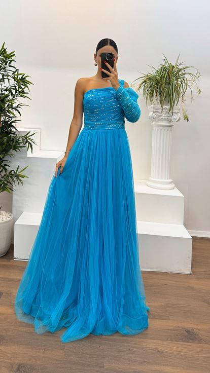 Blue Single Sleeve Embroidered Tulle Evening Dress