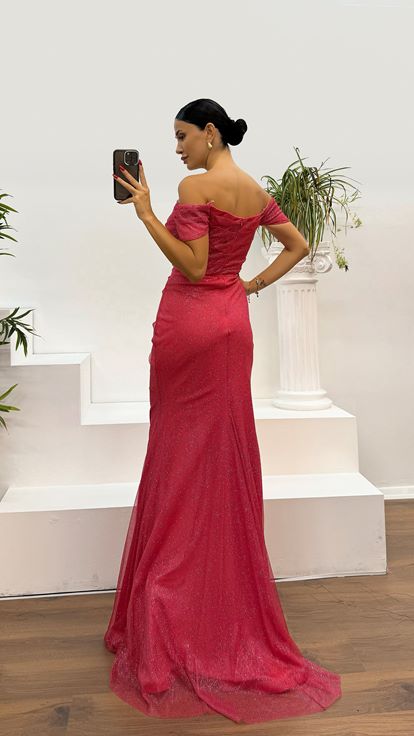 Mercan Drapeli Simli Abiye Elbise