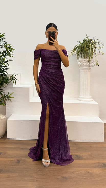 Mürdüm Drapeli Simli Abiye Elbise