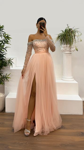 Salmon Boat Neck Embroidered Tulle Evening Dress