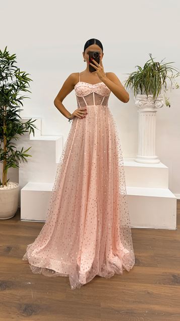 Powder Rope Strap Transparent Waist Embroidered Evening Dress