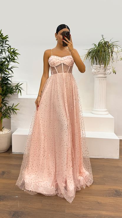 Pudra İp Askılı Beli Transparan İşlemeli Abiye Elbise