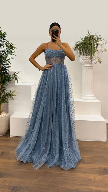 Indigo Rope Strap Transparent Waist Embroidered Evening Dress