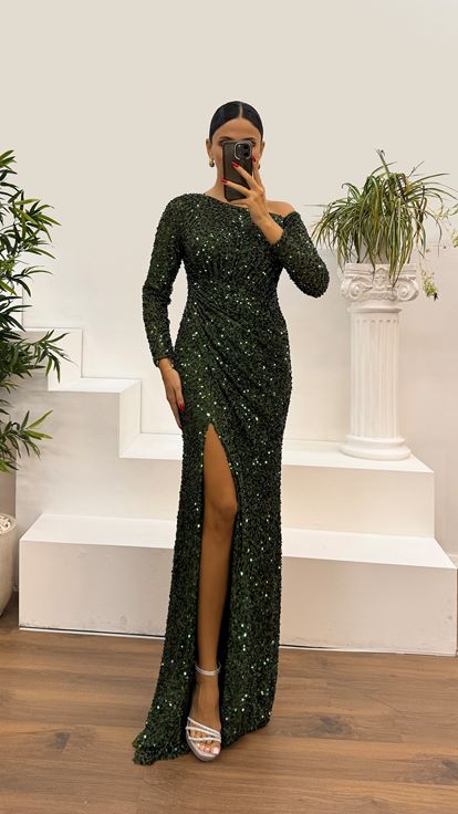 Khaki Collar Detailed Sequined Evening Dress