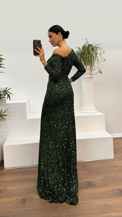 Khaki Collar Detailed Sequined Evening Dress