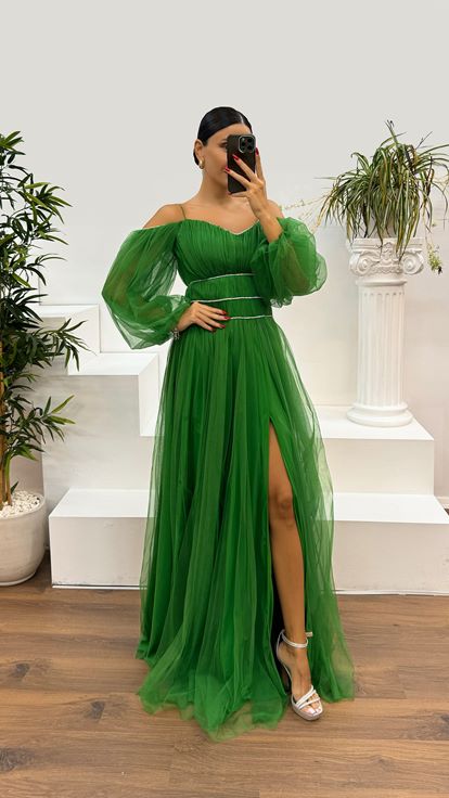 Green Strappy Balloon Sleeve Waist Detail Design Tulle Dress