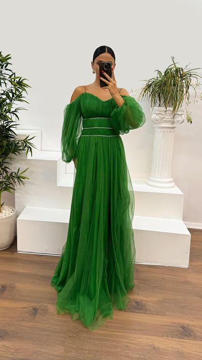 Green Strappy Balloon Sleeve Waist Detail Design Tulle Dress