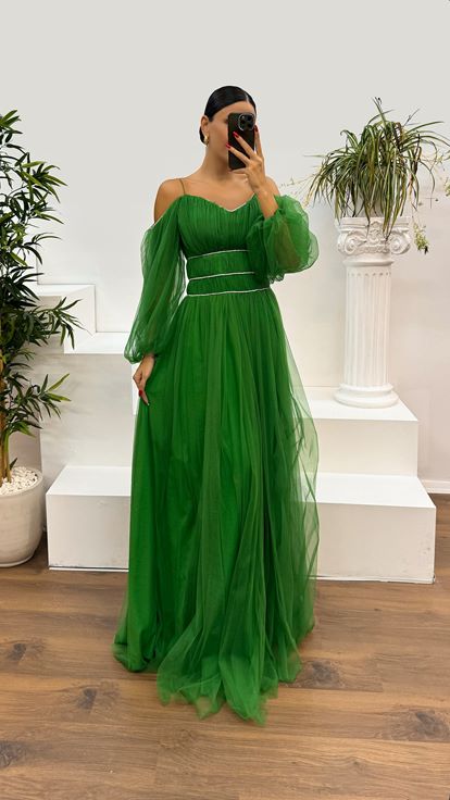 Green Strappy Balloon Sleeve Waist Detail Design Tulle Dress