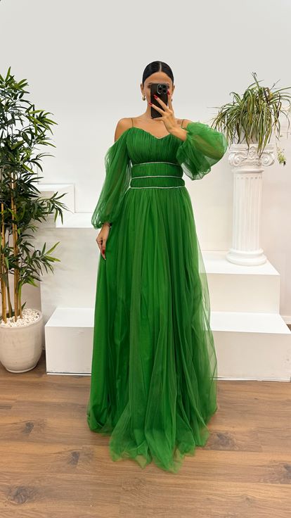 Green Strappy Balloon Sleeve Waist Detail Design Tulle Dress