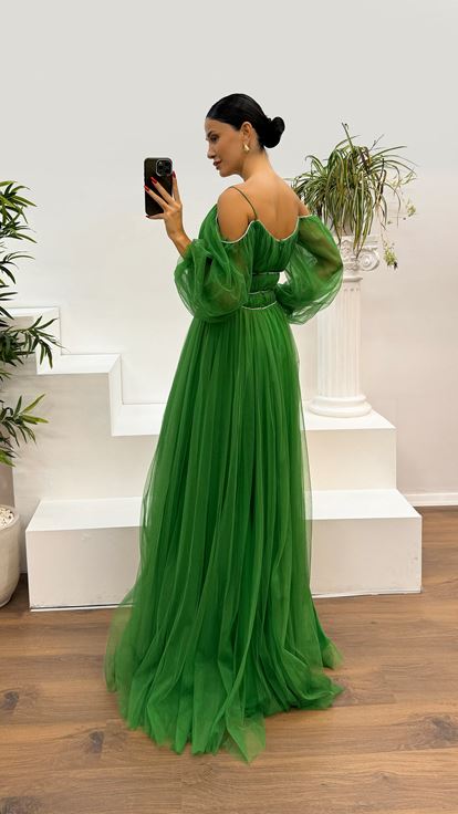 Green Strappy Balloon Sleeve Waist Detail Design Tulle Dress