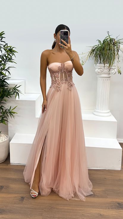 Somon Straplez Beli Transparan Tül Abiye Elbise