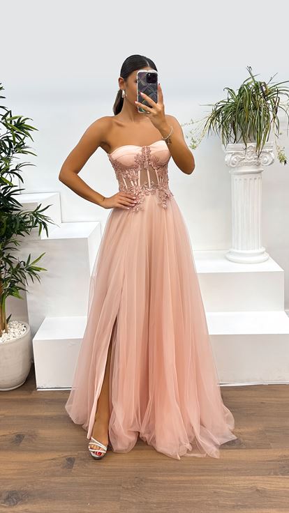 Somon Straplez Beli Transparan Tül Abiye Elbise