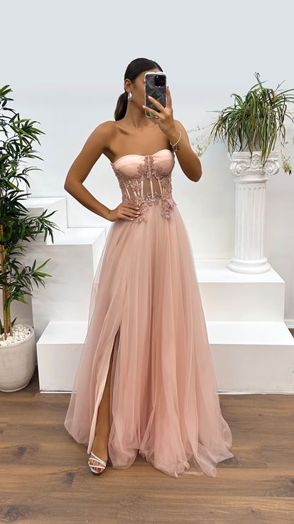 Somon Straplez Beli Transparan Tül Abiye Elbise