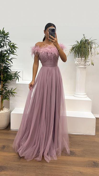 Lila Tüy Yaka Tül Abiye Elbise