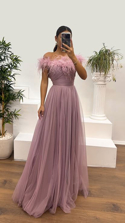 Lila Tüy Yaka Tül Abiye Elbise