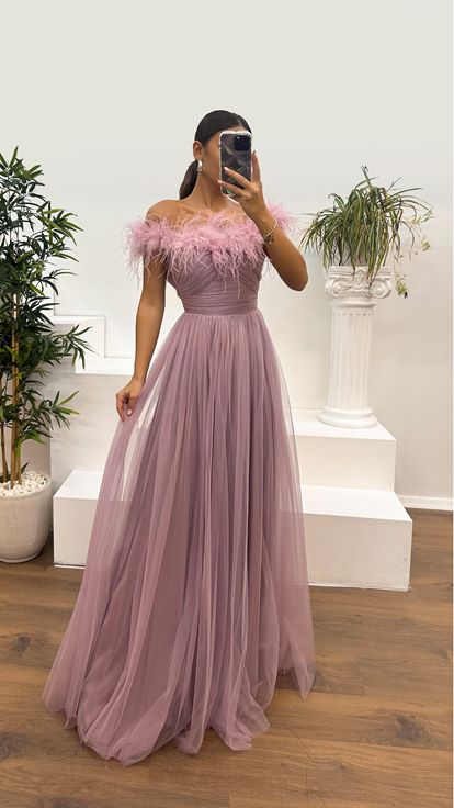 Lila Tüy Yaka Tül Abiye Elbise