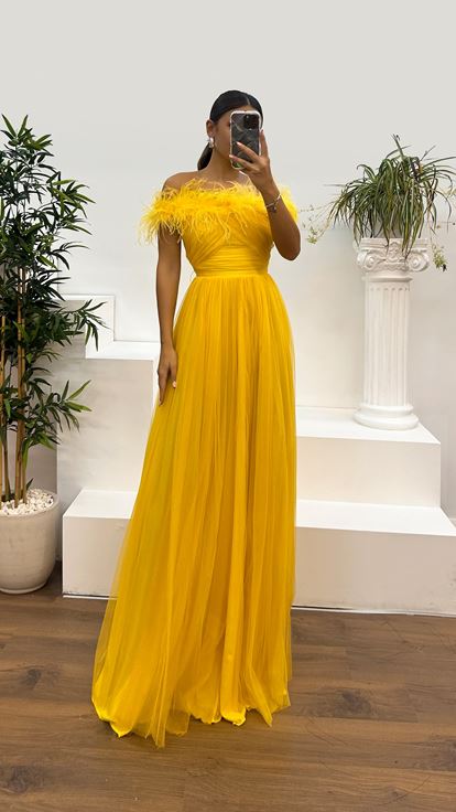 Sarı Tüy Yaka Tül Abiye Elbise