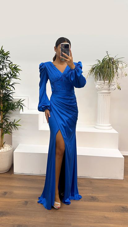 Saks V Neck Draped Satin Evening Dress