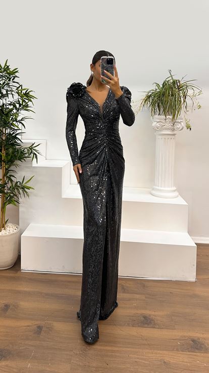 Anthracite V Neck Long Sleeve Sequin Evening Dress