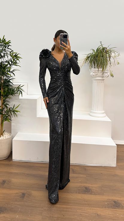 Anthracite V Neck Long Sleeve Sequin Evening Dress