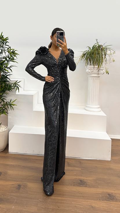 Anthracite V Neck Long Sleeve Sequin Evening Dress