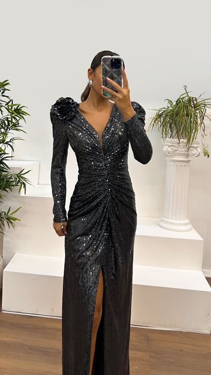 Anthracite V Neck Long Sleeve Sequin Evening Dress