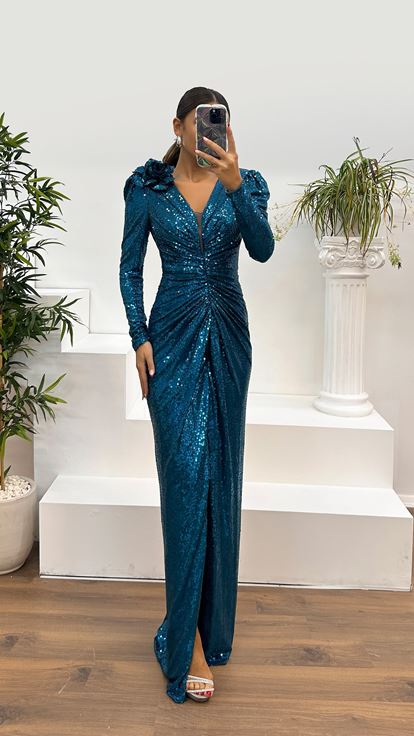 Petroleum V Neck Long Sleeve Sequin Evening Dress