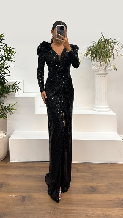 Robe de soirée noire à paillettes, col en V, manches longues