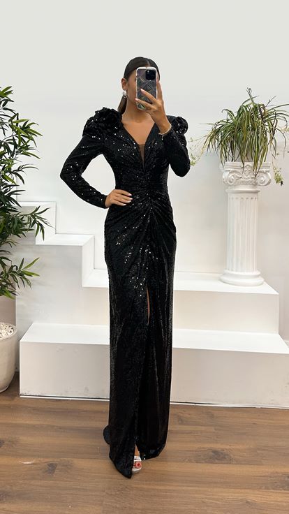 Robe de soirée noire à paillettes, col en V, manches longues