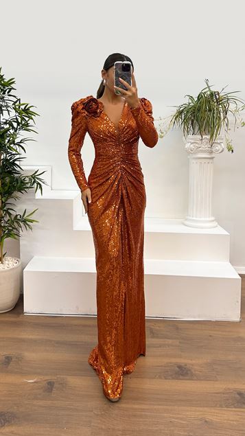 Tile V-Neck Long Sleeve Sequined Evening Dress