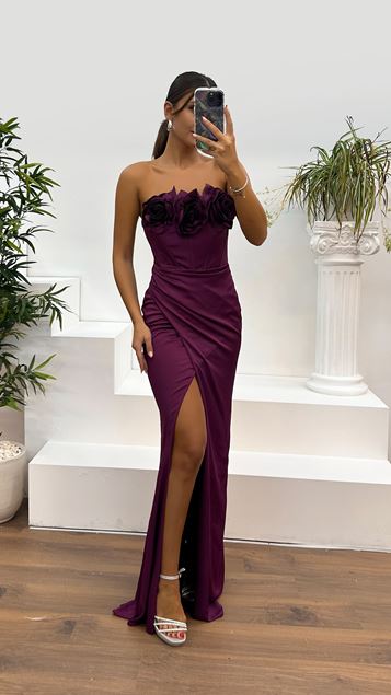 Violet Strapless Rose Detail Evening Dress
