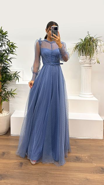Indigo Spotted Tulle Long Sleeve Evening Dress