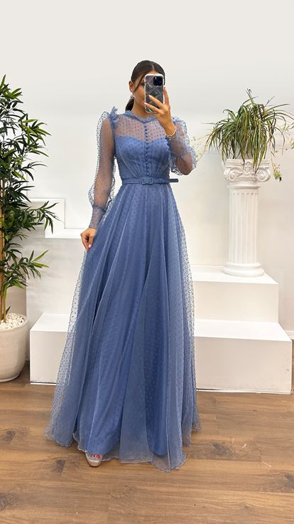 Indigo Polka Dot Tulle Long Sleeve Evening Dress