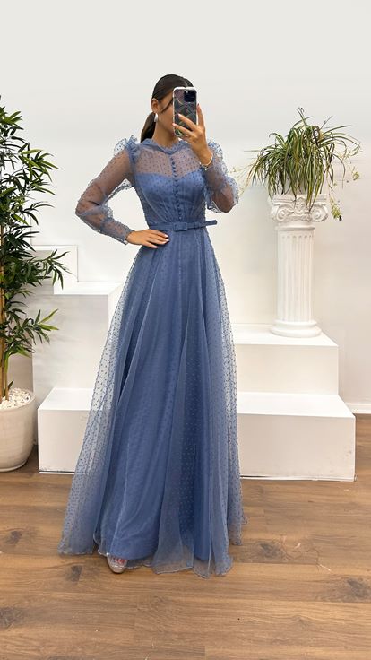 Indigo Polka Dot Tulle Long Sleeve Evening Dress