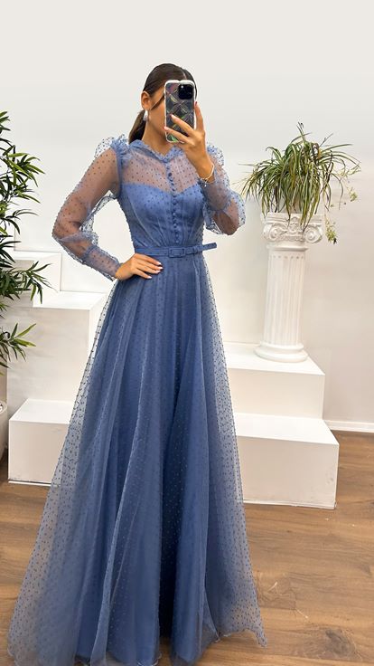 Indigo Polka Dot Tulle Long Sleeve Evening Dress