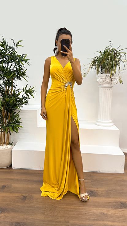 Yellow Wrap Neck Dress with Rhinestone Embellishment at the Waist