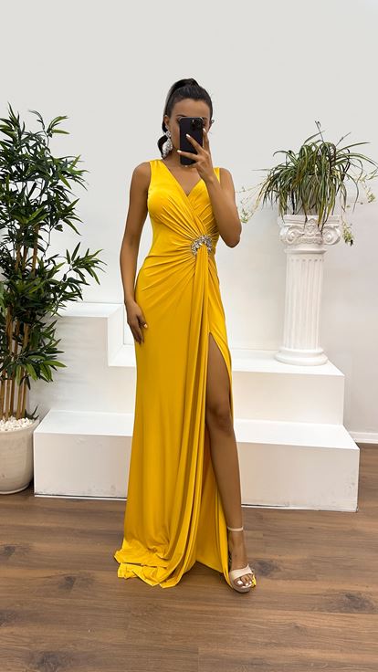Yellow Wrap Neck Dress with Rhinestone Embellishment at the Waist