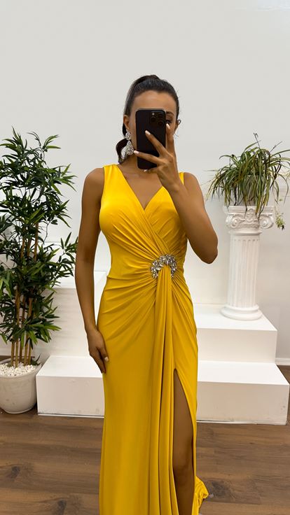Yellow Wrap Neck Dress with Rhinestone Embellishment at the Waist