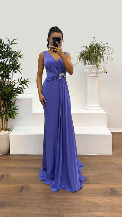 Lilac Wrap Neck Dress with Rhinestone Embellishment at the Waist