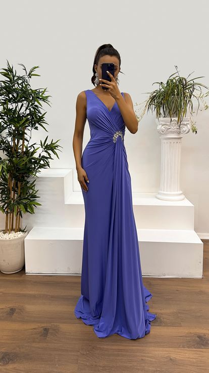 Lilac Wrap Neck Dress with Rhinestone Embellishment at the Waist