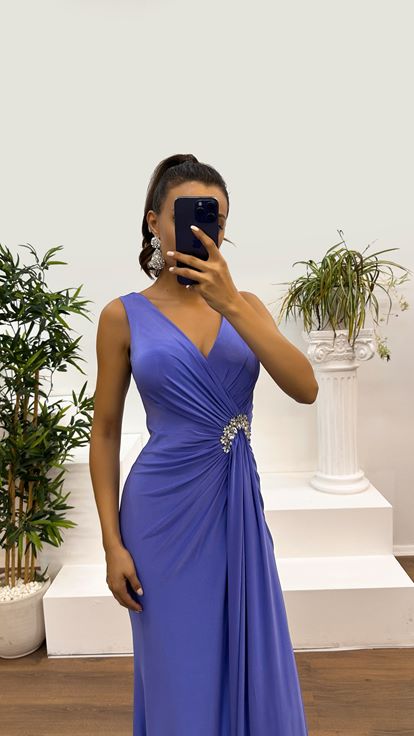 Lilac Wrap Neck Dress with Rhinestone Embellishment at the Waist