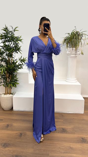 Lilac Sleeves Feathered Double Breasted Collar Design Dress