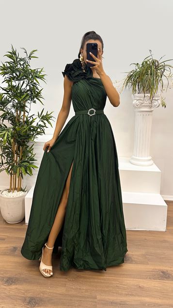 Emerald Green Shoulder Flounce Design Dress