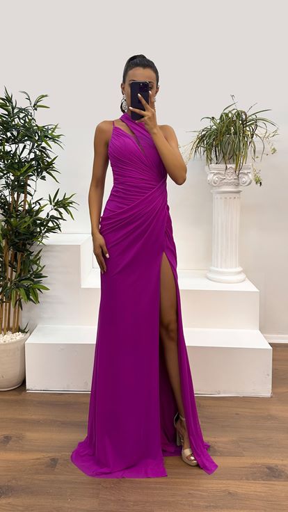 Fuchsia Shoulder Detail Draped Designer Dress