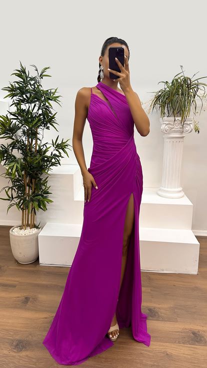 Fuchsia Shoulder Detail Draped Designer Dress