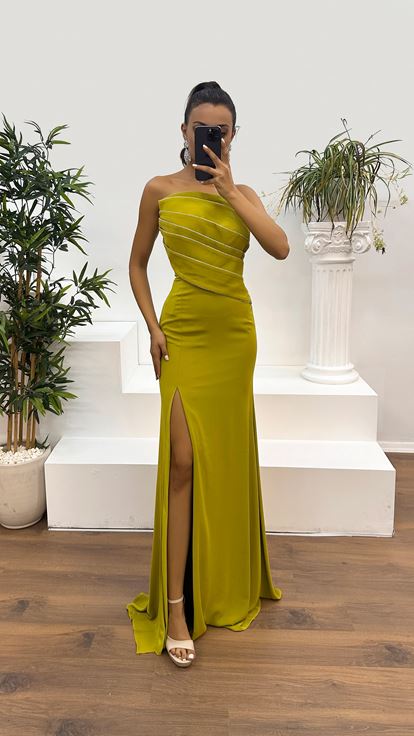 Aged Green Strapless Dress with Embroidered Bust