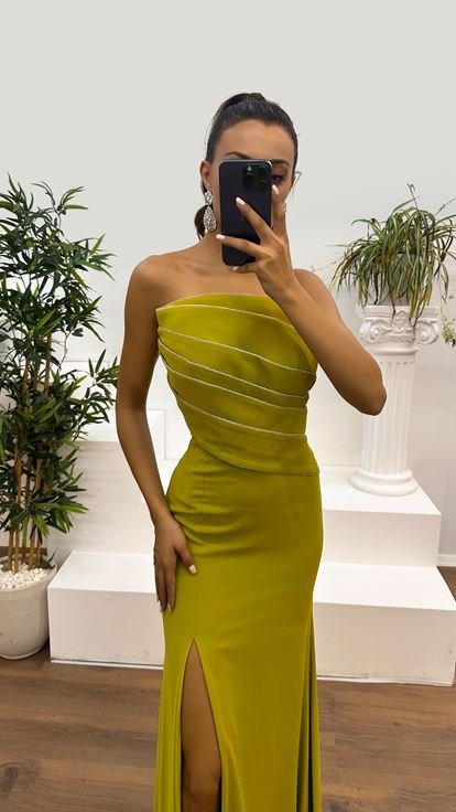 Aged Green Strapless Dress with Embroidered Bust